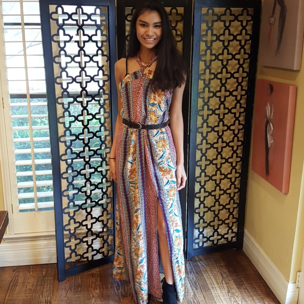 NWT BAND OF GYPSIES TIE NECK MAXI DRESS w/SLIT - Picture 1 of 7